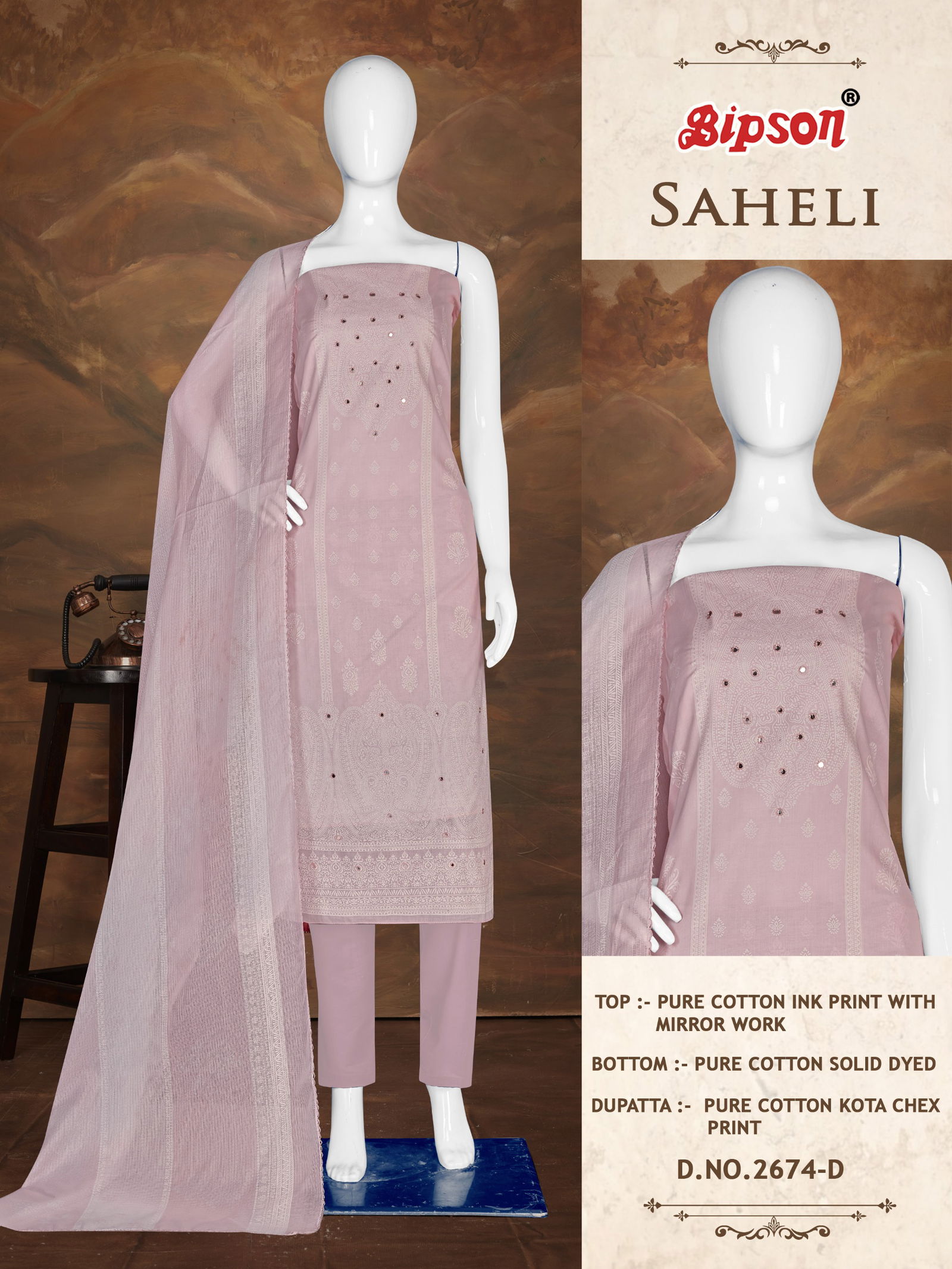 Saheli 2674 By Bipson Printed Mirror Work Cotton Dress Material Wholesale Online
